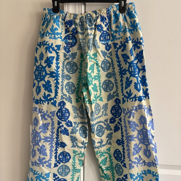 Zara Drawstring Cotton Blue & Ivory Geometric Print Pants - SZ XL New w Tag - Picture 2 of 6